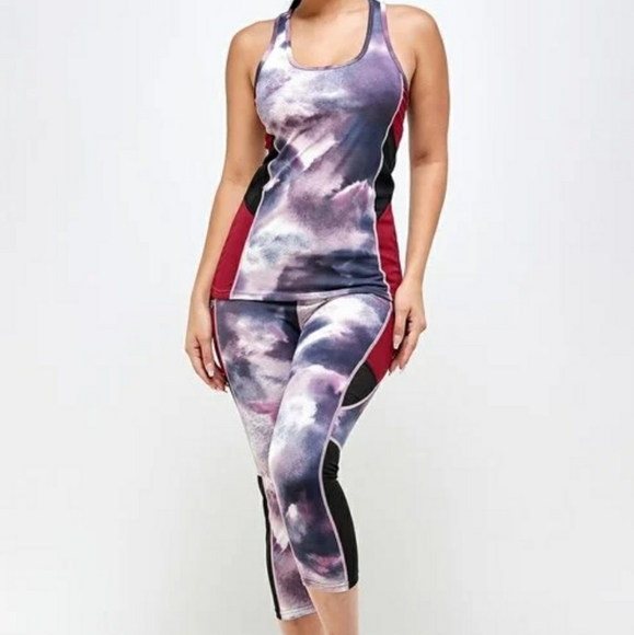 NWT Tye Dye Burgundy Blue Yoga Mesh Set - Picture 4 of 8